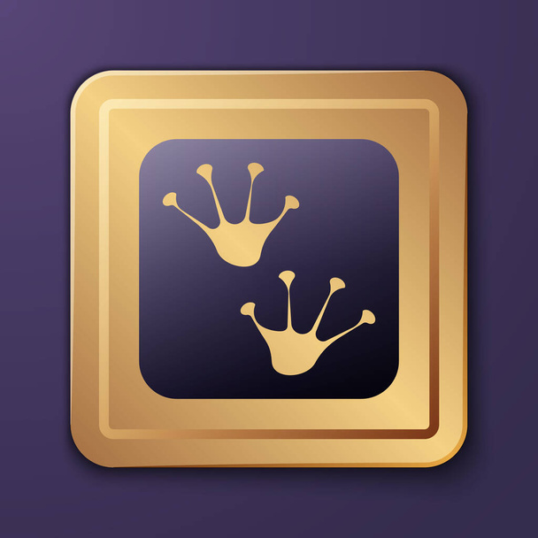 Purple Frog Pfote Fußabdruck Symbol isoliert auf lila Hintergrund. Goldener quadratischer Knopf. Vektor. - Vektor, Bild