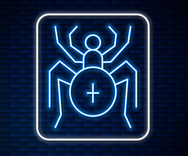 Leuchtende Neon-Linie Spider-Symbol isoliert auf Backsteinwand Hintergrund. Frohe Halloween-Party. Vektor. - Vektor, Bild