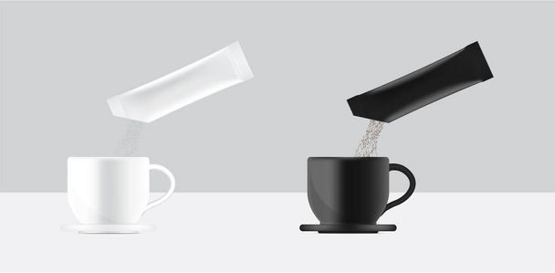 3D lucido Stick bustina mockup e versare polvere a tazza d'acqua. Illustrazione vettoriale. Alimentari e bevande Packaging concept design. - Vettoriali, immagini