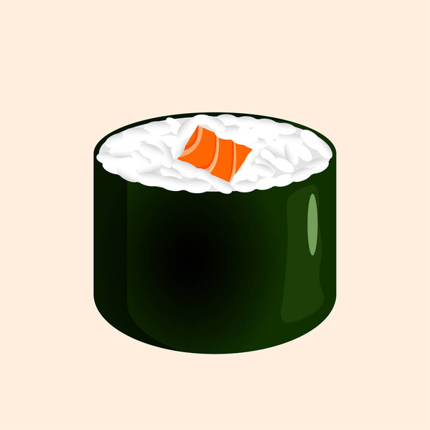 Sushi z łososiem, ryżem i nori. Ilustracja wektorowa tradycyjnego japońskiego jedzenia dla naklejek, stron internetowych, stron internetowych, menu, sklepu, restauracji, ikon. Uramaki. - Wektor, obraz
