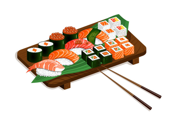 Set de sushi y rollo en una bandeja de madera y una hoja verde. Nigiri, gunkan maki, uramaki, futomaki, hosomaki. Vector ilustración de la comida tradicional japonesa sobre un fondo blanco para - Vector, imagen