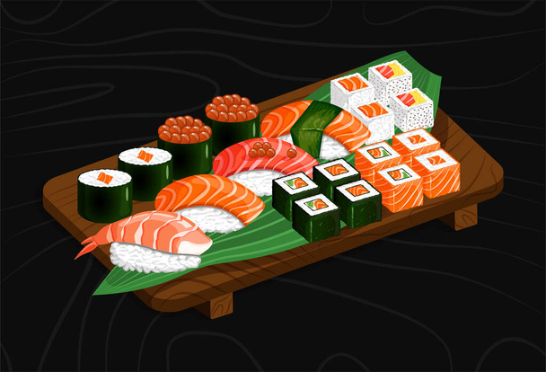 Sushi prostírá a válí se na dřevěném podnosu a zeleném listu. Nigiri, gunkan maki, uramaki, futomaki, hosomaki. Vektorová ilustrace tradiční japonské stravy na černém pozadí pro stránky, menu. - Vektor, obrázek