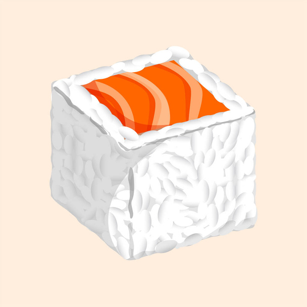 Σούσι ρολ με σολομό και ρύζι. Εικονογράφηση διάνυσμα των παραδοσιακών ιαπωνικών τροφίμων για αυτοκόλλητα, web, site, μενού, κατάστημα, εστιατόριο, εικόνες. Ρολό Καλιφόρνια. Ουραμάκι. - Διάνυσμα, εικόνα