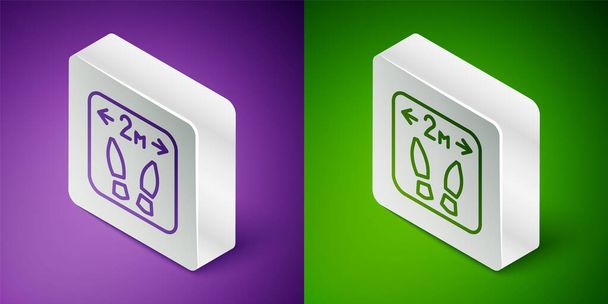 Isometric line Safe distance icon isolated on purple and green background. Viruses and people keeping distance for infection risk. Silver square button. Vector. - Vector, Image