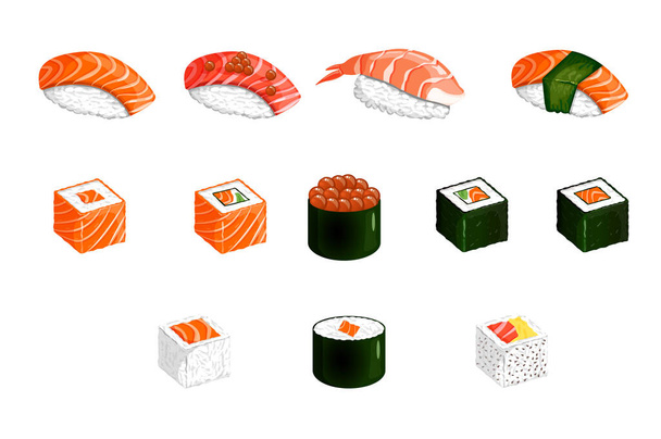 Sushi and roll set such as nigiri, gunkan maki, uramaki, futomaki, hosomaki. Vector illustrations of traditional Japanese cuisine on a colored background for stickers, web, site, menu, store - Vector, Image