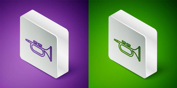 Izometrikus vonal Hangszer trombita ikon elszigetelt lila és zöld háttér. Ezüst négyzet gomb. Vektor. - Vektor, kép