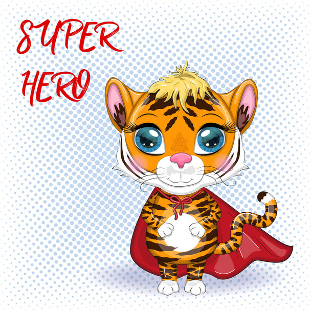 Cute cartoon tiger with beautiful eyes, orange in a red cloak, super hero. - Vektori, kuva