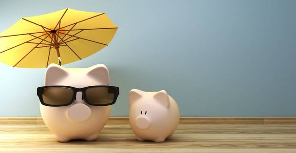 Piggy bank pod parasolem z kopią spave jako koncepcja renderingu 3d - Zdjęcie, obraz