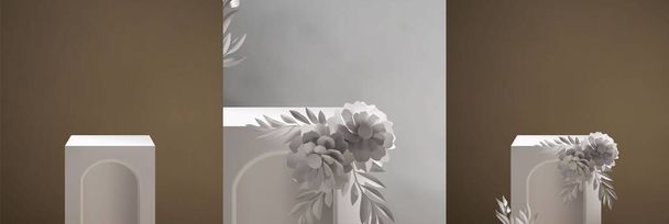 Vintage elegante lege podium scene template voor product display presentatie met mooie bloem decoratie. 3D realistische vintage stijl product plaatsing vector  - Vector, afbeelding