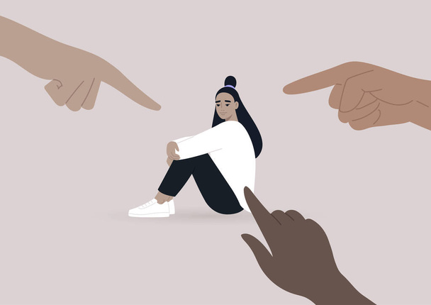 Oběť obviňuje, kyberšikanu a další formy veřejného mínění, mladou ženskou asijskou postavu obklopenou ukazujícími prsty - Vektor, obrázek