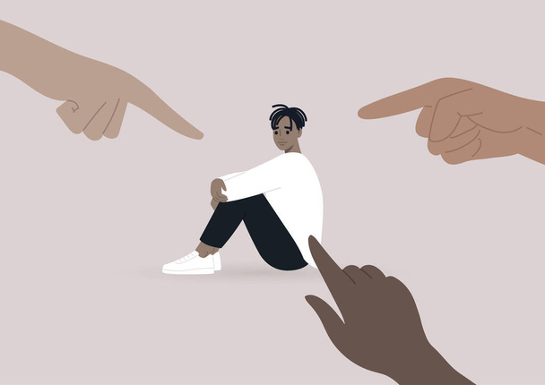 Victim blaming, cyberbullying, and other forms of public judgement, a young male Black character surrounded by pointing fingers - Vektor, obrázek