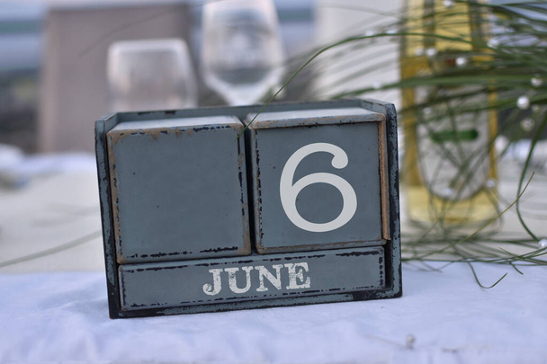 Wood blocks in box with date, day and month 6 June. Wooden blocks calendar - Photo, Image