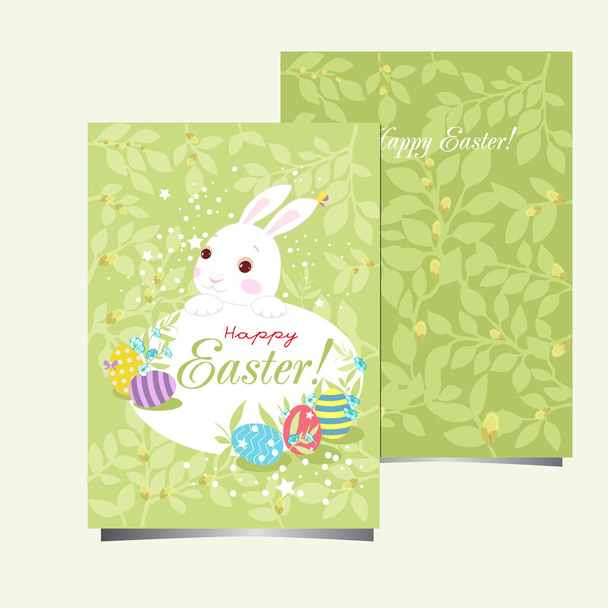 Happy Easter postcard with white funny bunny and eggs on green background - Vector, imagen