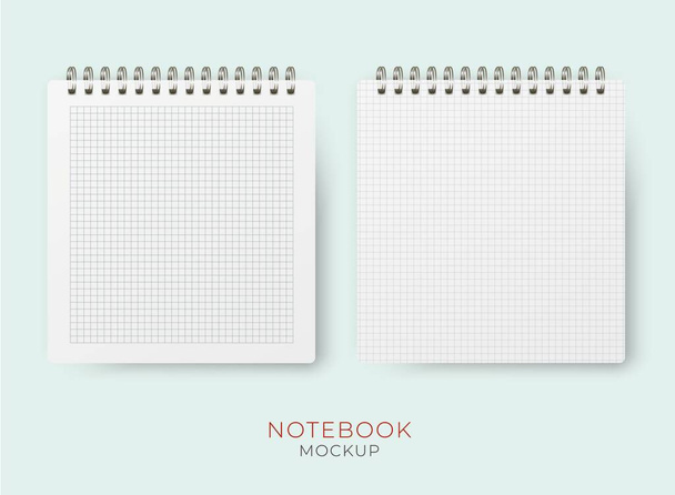 Realistic vector vertical notebook mockup with squared paper sheet. Spiral notepad blank mockup. - Vector, Image