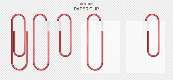 Red Plastic paper clips on transparent background isolated and attached to paper - Vector, Image