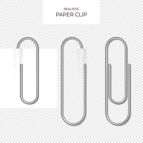 Metal paper clips on transparent background isolated and attached to paper - Vector, Image
