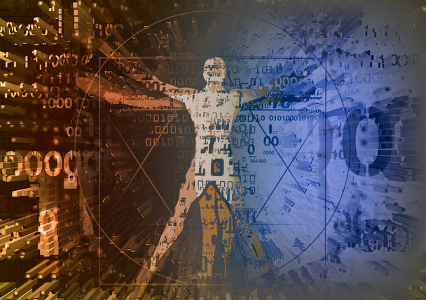 Vitruvian άνθρωπος στην έκρηξη των δεδομένων των υπολογιστών, της επιστήμης και της τεχνολογίας έννοια. Φουτουριστική εκφραστική απεικόνιση του βιτρουβιανού ανθρώπου με δυαδικούς κώδικες που συμβολίζουν την ψηφιακή εποχή. - Φωτογραφία, εικόνα