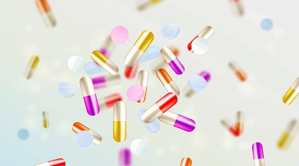 Medical background. Medical falling blurred capsules. Falling pills. Health care background. Pharmaceutical background. - Vector, Image