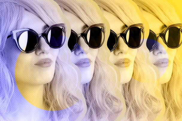Funky woman in sunglasses. Crazy lady and surreal composition of textures, shapes, gradients. Contemporary art collage. Zine culture. Pop art. Fashion magazine style for posters, banners, wallpaper. - Фото, изображение