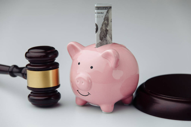 Judge gavel and pink piggy bank with dollar bill. Loan and finance concept - Foto, Imagem