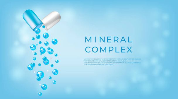 Mineral complex. Pharmaceutical banner template. Capsule with falling out minerals balls. - Vector, Image