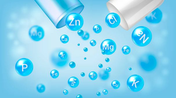 Mineral complex. Pharmaceutical banner template. Capsule with falling out minerals balls. - Vector, Image