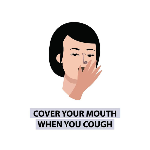 Прикрийте рот і ніс рукою при кашлі або чханні. жінка векторний попереджувальний знак про кашель і чхання. Знак захисту від коронавірусу. жінка з нежить і чхання. Захисні віруси. Настінний знак. Плакат безпеки для Pandemi
 - Вектор, зображення