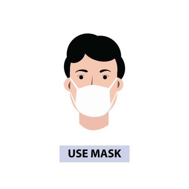 Mies, jolla on naamiovektorisuunnittelu. Varoitusmerkki suositella kulumista suojaava kasvonaamio ehkäisyssä vs virusinfektio. Koronaviruksen suojausmerkki. Käytä Face Mask Wall merkki vektori kuva. Kasvot peittävä merkki juliste Covid19 - Vektori, kuva