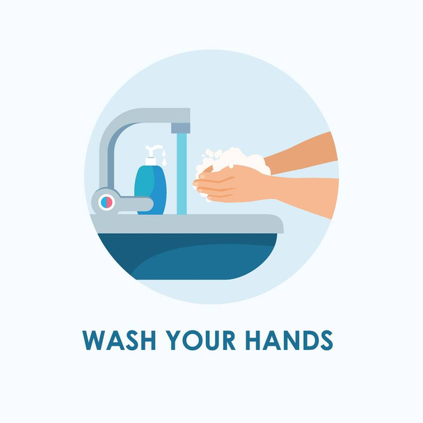 Πλύνετε τα χέρια σας υπογράψει ειδοποίηση Αυτοκόλλητη. Προσωπική υγιεινή, υγειονομική περίθαλψη. Απολύμανση, αντιβακτηριδιακό πλύσιμο. Πρόληψη και προστασία του ιού. Επιτοίχια αφίσα πλύνετε τα χέρια. Ιός του κερατοειδούς. Κρατώντας σαπούνι στο χέρι. Χέρι σε σαπουνόφουσκες. Εικονογράφηση διανύσματος - Διάνυσμα, εικόνα