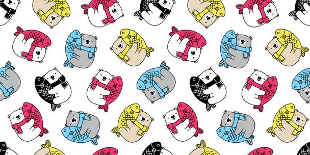 bear seamless pattern polar vector fish repeat wallpaper teddy scarf isolated cartoon tile background doodle illustration design - ベクター画像