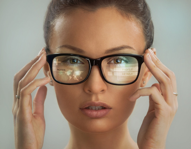 Woman glasses virtual interface built-in screen - Фото, изображение