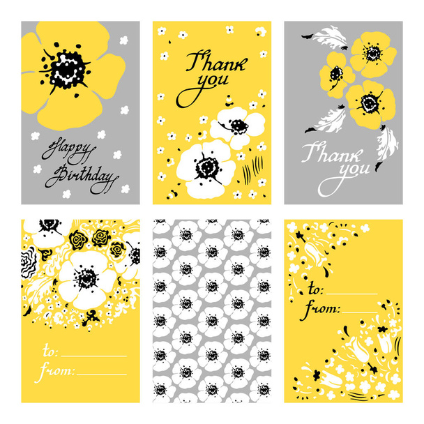 Handgezeichnetes Set floraler Karten. Leuchtende gelbe und weiße Blüten, Schriftzüge und Blätter auf ultimativ grauem und gelbem Hintergrund. Vektorillustration. - Vektor, Bild