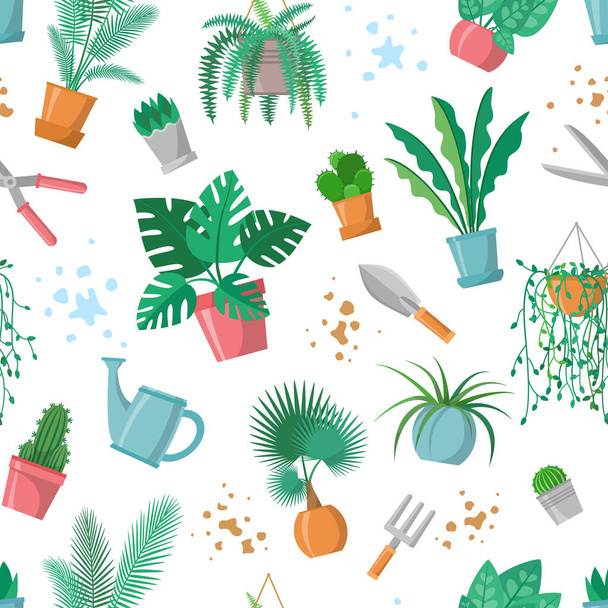 Seamless pattern with plants and garden tools, home plant repeated ornament, decoration for plant and gardening lover. Flowerpots, scissors, fork, trowel, watering pot, palm, cactus, fern. Flat vector - Vector, Image