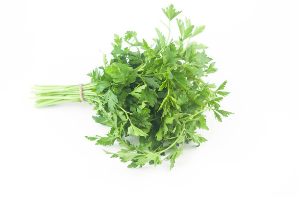 Fresh bunch green parsley bunch on white background. Top view, flat lay. Floral design element. Healthy eating and dieting concept - Photo, Image