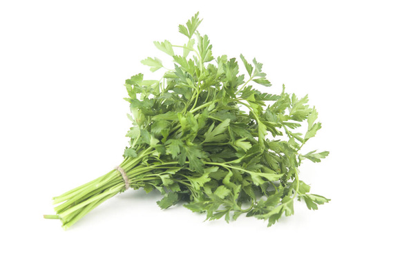 Fresh bunch green parsley bunch on white background. Top view, flat lay. Floral design element. Healthy eating and dieting concept - Photo, Image