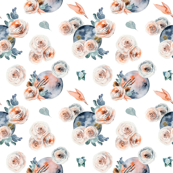 Бесшовный рисунок акварели полнолуние в винтажном цветке (розовые и белые розы, эвкалиптовые ветви) композиций на белом фоне - Фото, изображение
