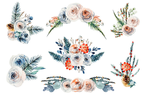 Akvarell virágcsokrok készlet, évjárat virág összetétele fehér és rózsaszín rózsa, eukaliptusz és fenyő ágak, elszigetelt illusztráció fehér alapon - Fotó, kép