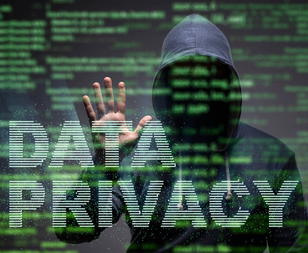 Η έννοια της ιδιωτικότητας δεδομένων με χάκερ κλέβει προσωπικές πληροφορίες - Φωτογραφία, εικόνα