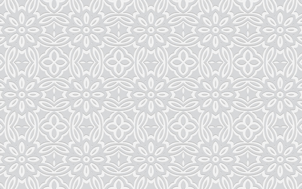 Ethnic unique geometric convex volumetric white background from 3d abstract ornament with flowers in doodling style.Texture for design and decor, wallpaper, presentations. - Vektori, kuva