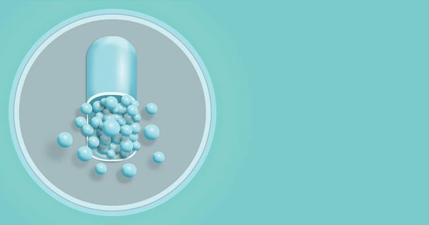 薬の入った錠剤と青い背景の灰色の円の中にターコイズ色のボールが飛んでいます。イラストだ。3Dイラスト - 写真・画像