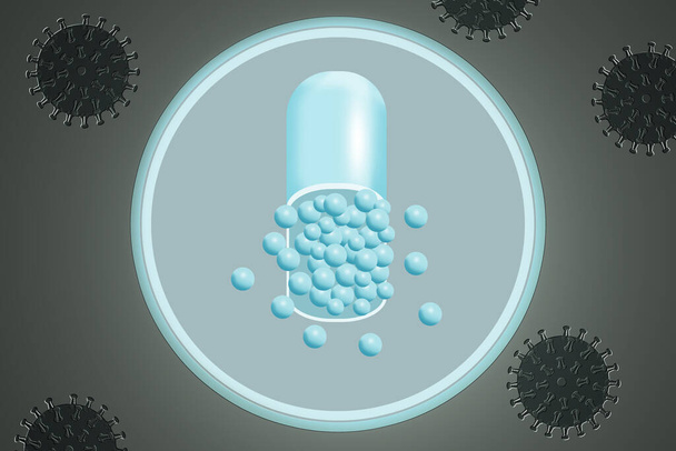 таблетка с лекарственным веществом и летящими шарами бирюзового цвета в сером круге, окруженном вирусами на зеленом фоне. иллюстрация, крупный план, 3D иллюстрация - Фото, изображение
