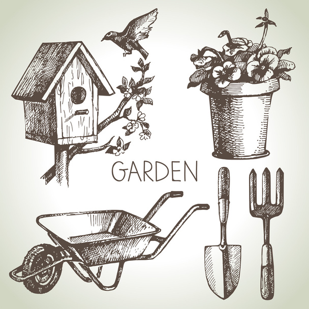 Bahçe seti eskiz. el çekilmiş tasarım öğeleri  - Vektör, Görsel