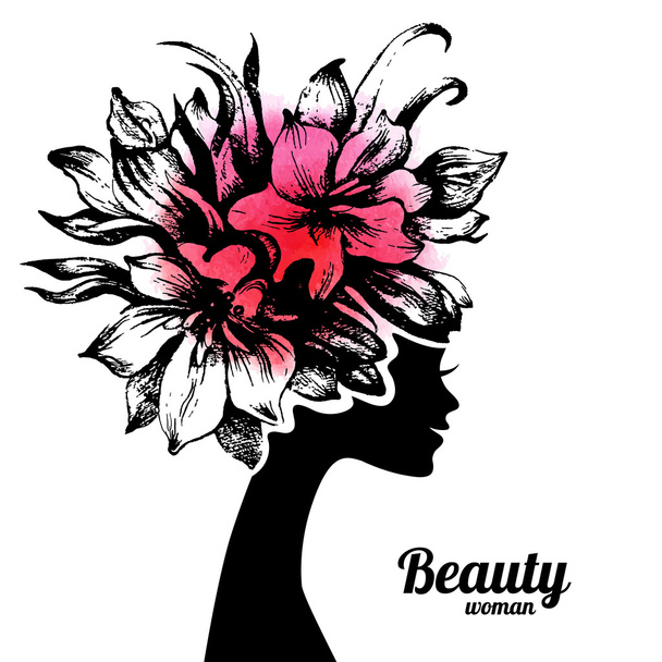 花と美しい女性のシルエット - ベクター画像