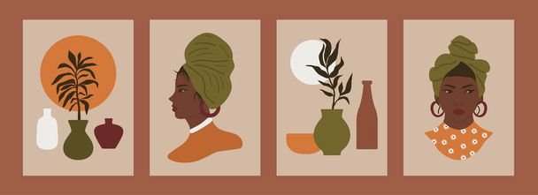 Abstracte minimale kunst posters. Zwarte vrouw silhouet vaas bloemen vormen eigentijds design. Midden eeuw, vectorkunst - Vector, afbeelding