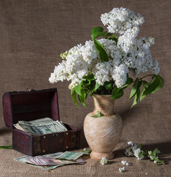  Blooming branches of lilac in vase and dollars in chest - Photo, Image