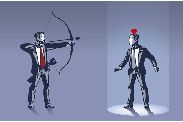 Empresario listo para disparar a una manzana en la parte superior de la cabeza de otro Empresario con flecha - Foto, Imagen