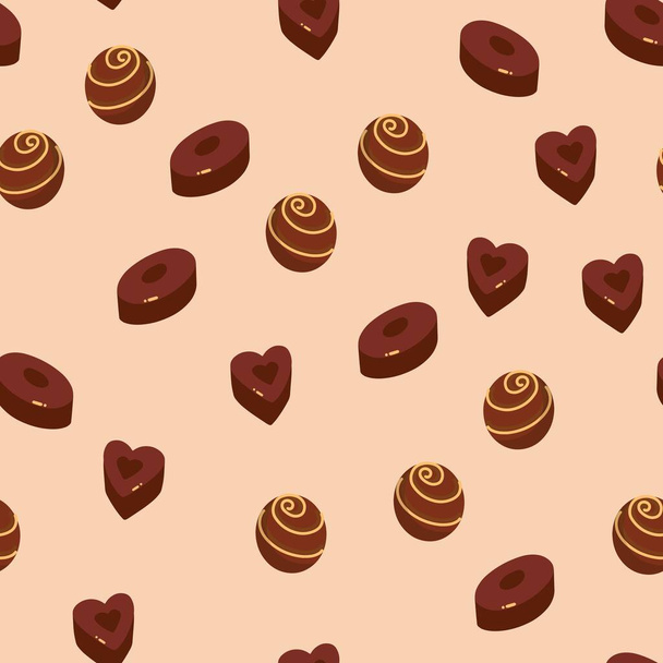 безшовний візерунок з мультяшними шоколадними цукерками. Смачні цукерки. бежевий фон
 - Вектор, зображення