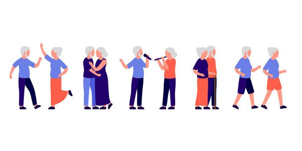 Pessoas idosas homens e mulheres ativos passar o tempo juntos no lazer. Casal velho dança, fazendo esporte, cantar e fazer outras atividades de lazer. Ilustração vetorial - Vetor, Imagem