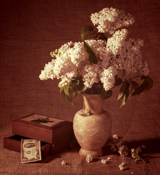 Blooming branches of lilac in vase and dollars in chest - Photo, Image