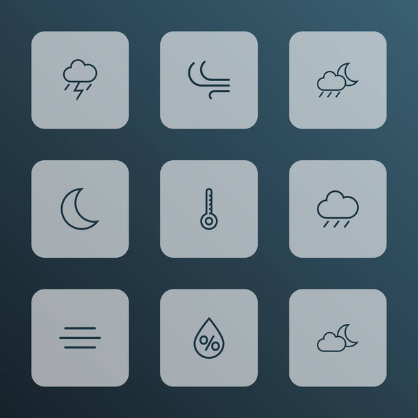 Időjárás ikonok vonal stílus beállítva páratartalom, nigth, hőmérő és egyéb hőmérsékleti elemek. Elszigetelt illusztráció időjárási ikonok. - Fotó, kép